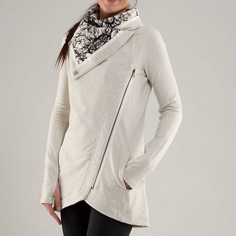 Lululemon Method Wrap Heathered Ghost Nesting Bird Asymmetrical Zip Jacket